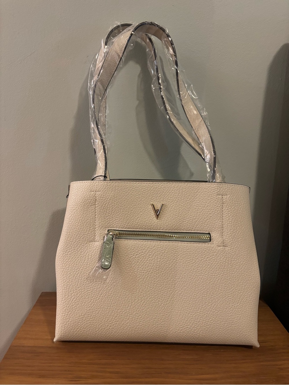 Vanessa Williams pebbled bone and mint green bag with snap in pouch and dust bag